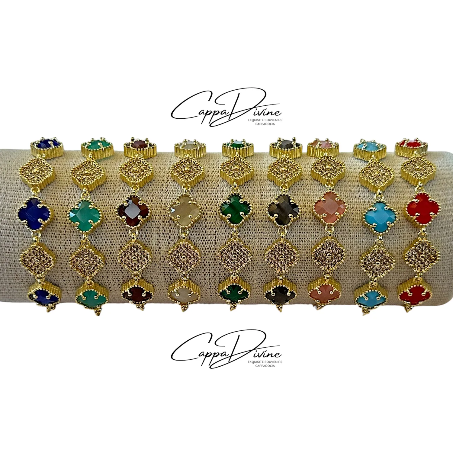 Adjustable Golden Steel Bracelet – Clove Design with Crystal Stones and Engravings