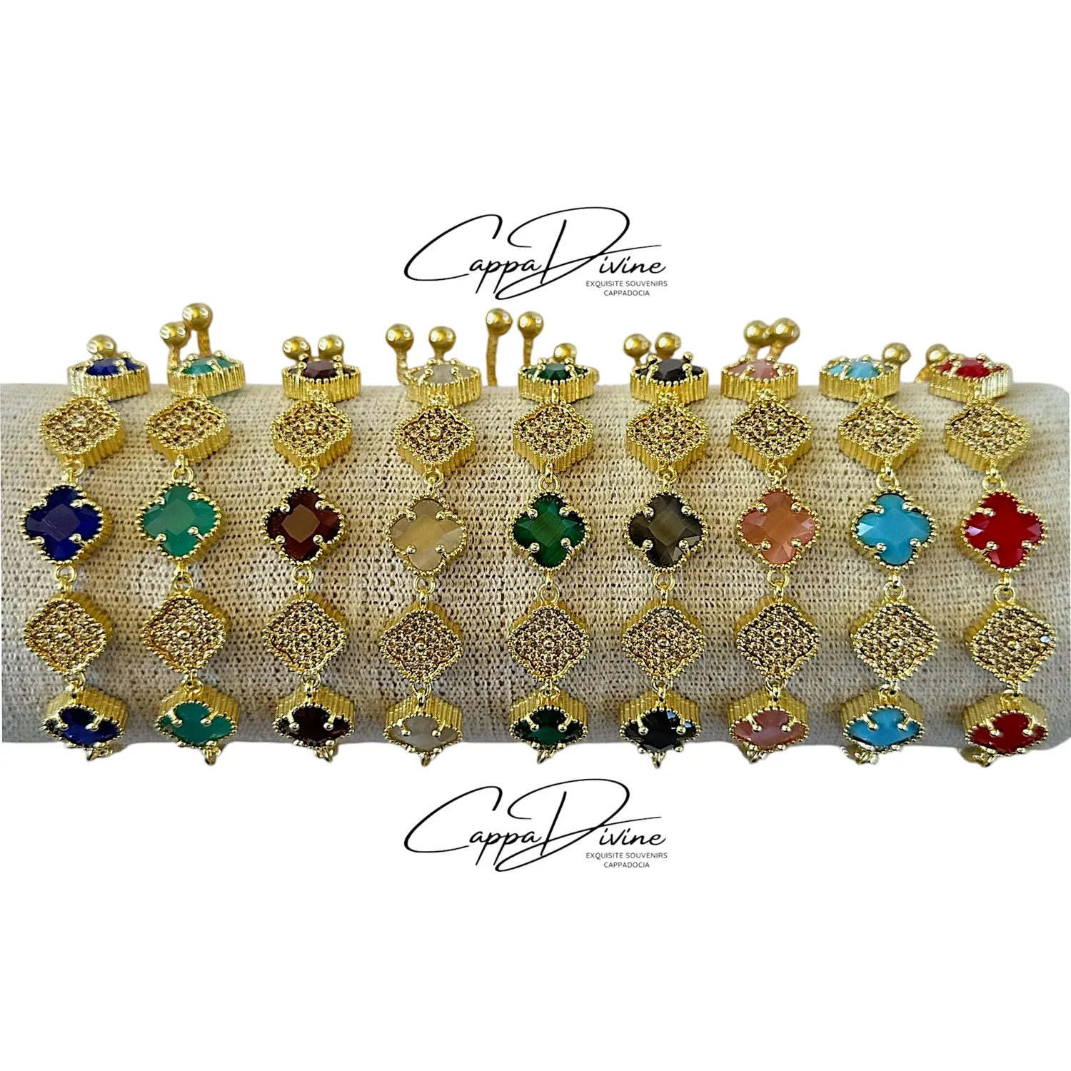 Adjustable Golden Steel Bracelet – Clove Design with Crystal Stones and Engravings