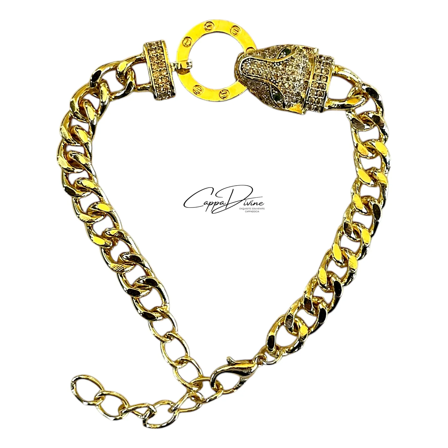 Golden Steel Bracelet – Snake Head Design with Crystal Engravings