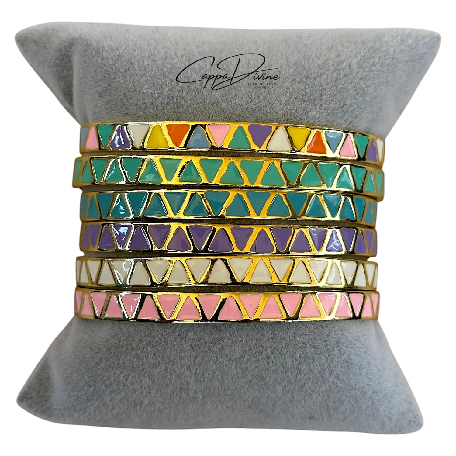 Adjustable Golden Steel Bracelet – Triangles with Colorful Enamel