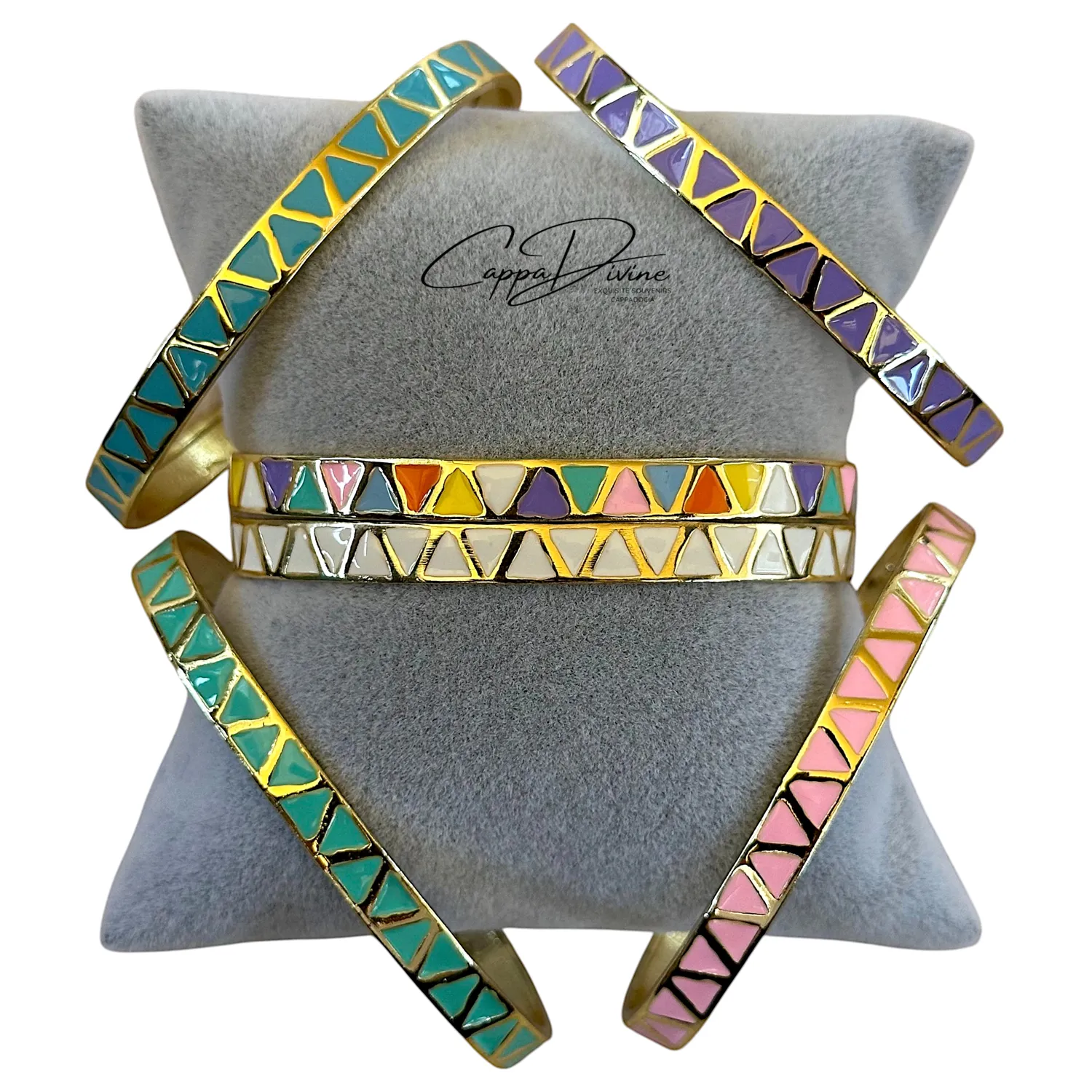 Adjustable Golden Steel Bracelet – Triangles with Colorful Enamel