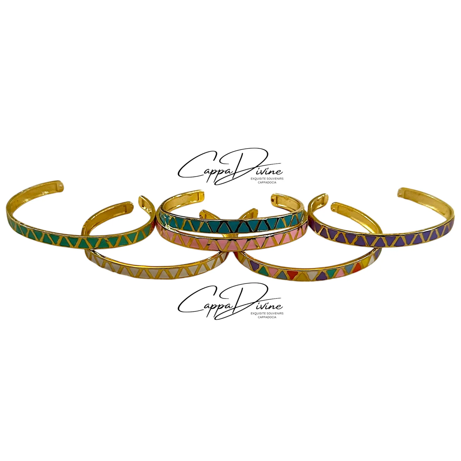 Adjustable Golden Steel Bracelet – Triangles with Colorful Enamel