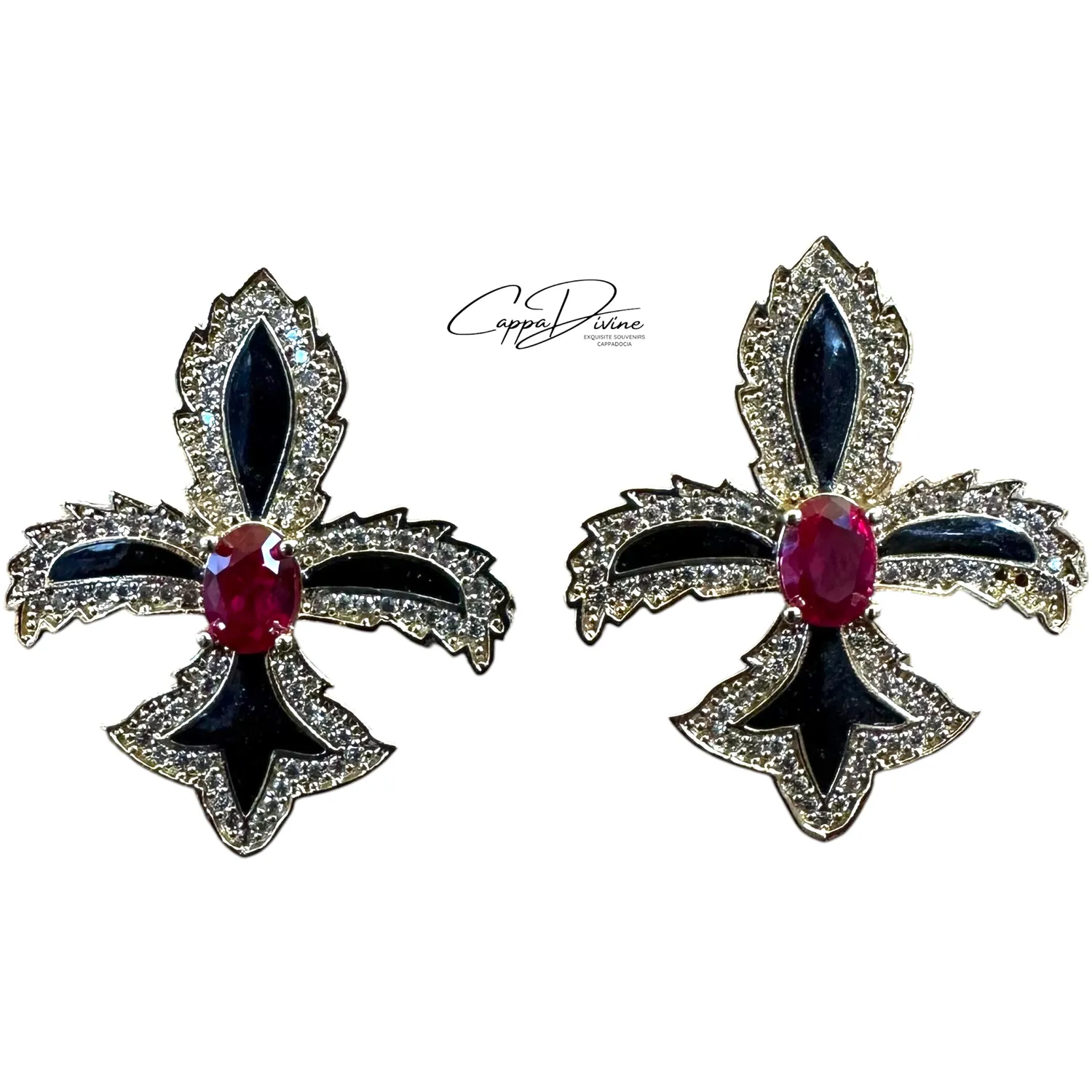 Steel Earring – Fleur de Lis Design with Colorful Enamel and Crystal Stone