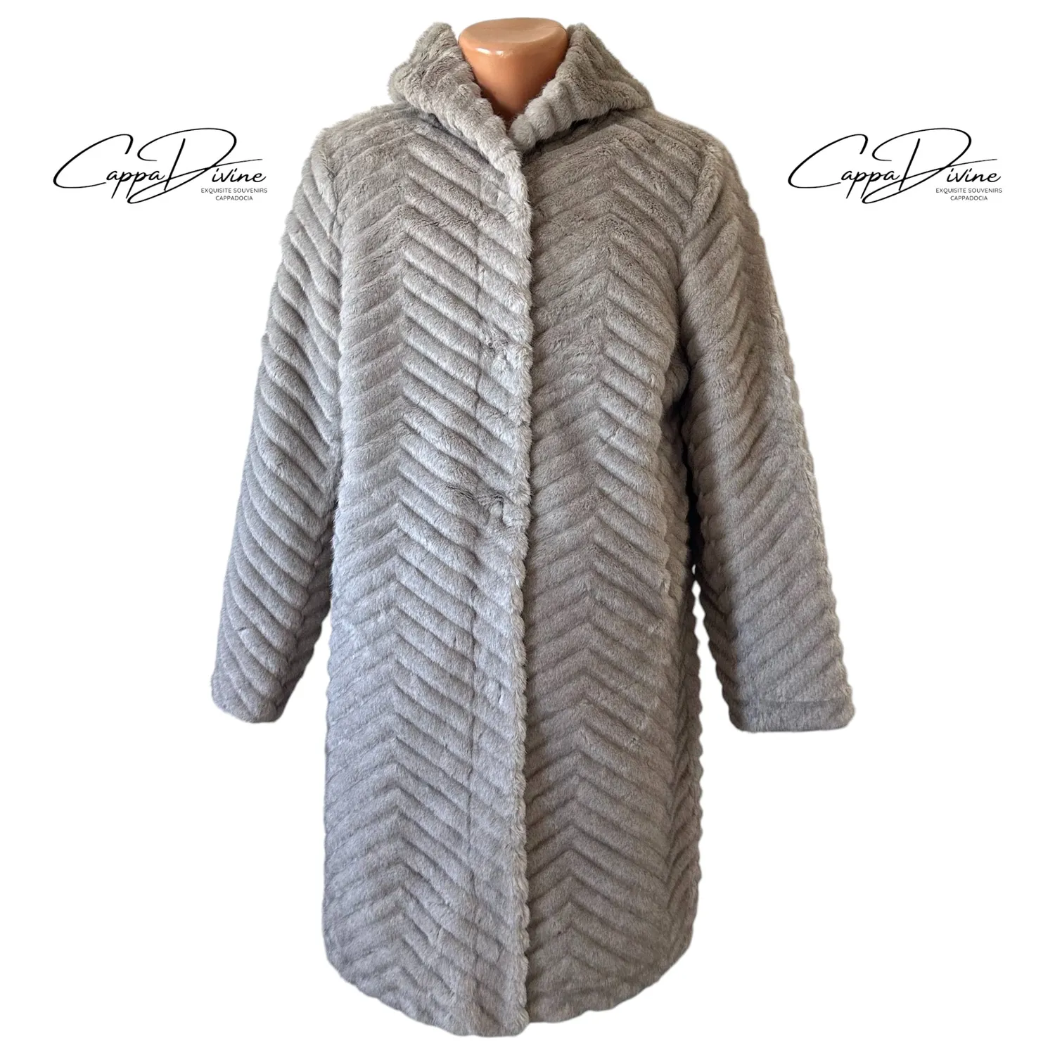 Long Angora Fur Coat – Wavy Stripe Patterns & Hooded