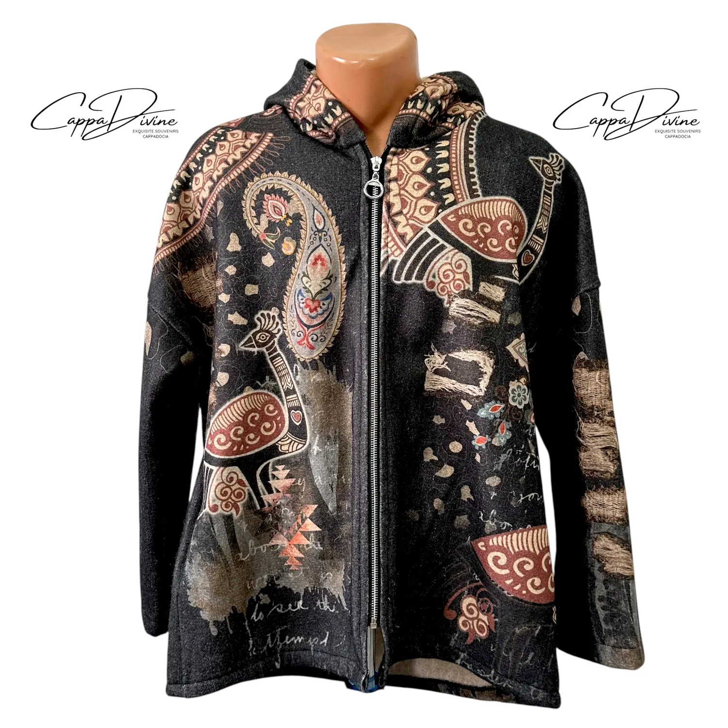 Ethnic Design Hooded Felt Jacket