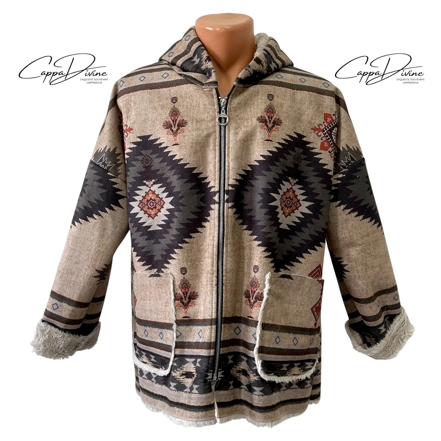 Ethnic Design Hooded Soft Plush Jacket