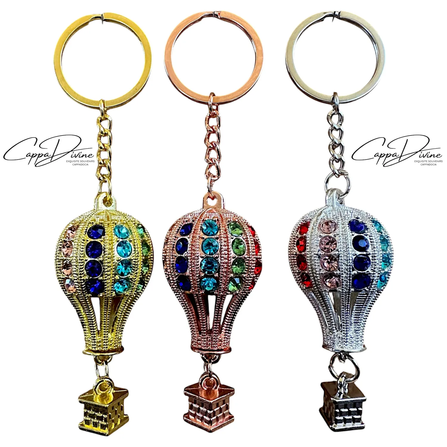 Colorful Metal Keychain – Hot Air Balloon with Crystal Stone Design