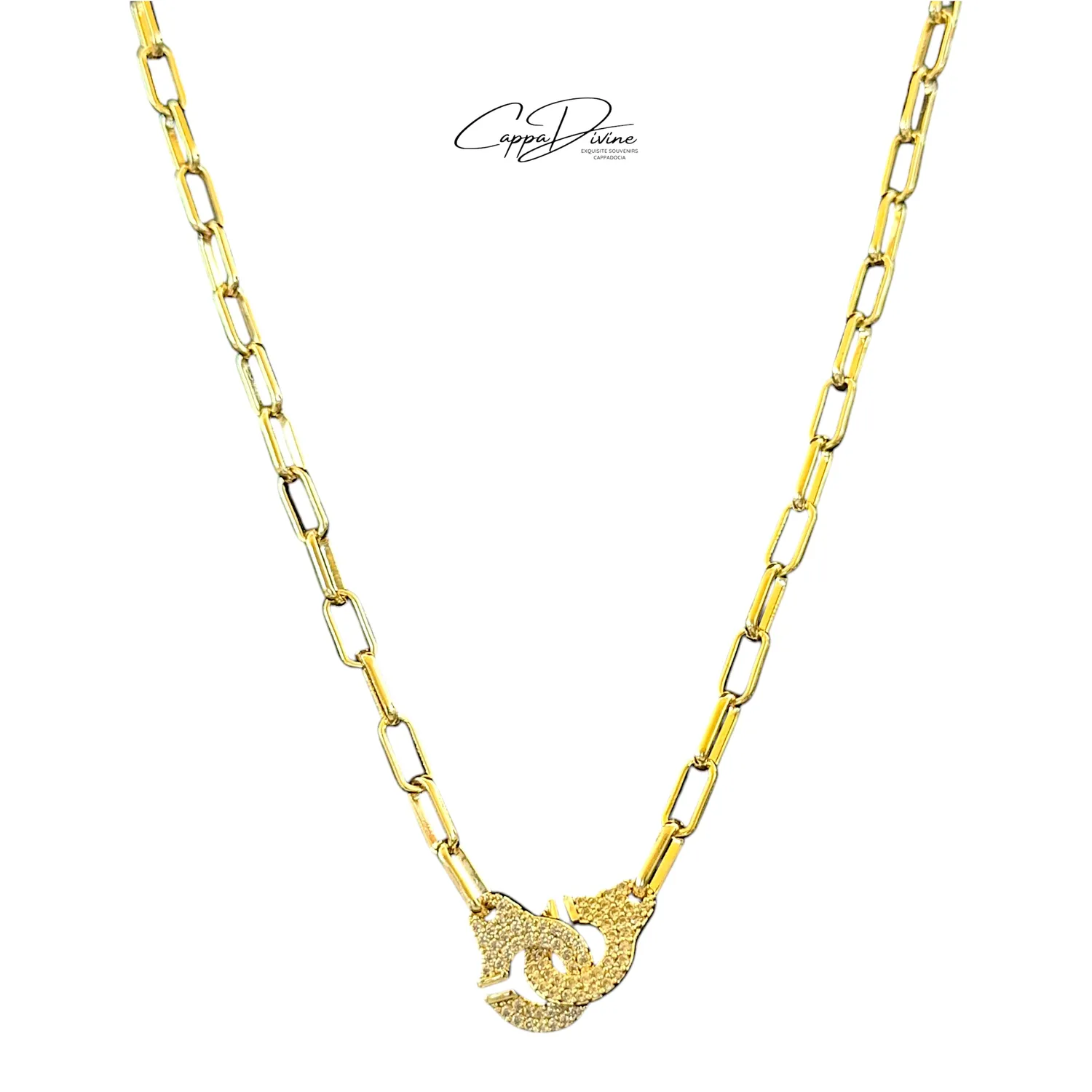 Steel Linked Chain Necklace - Handcuff with Crystals Design