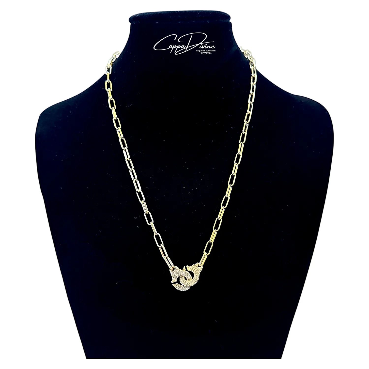 Steel Linked Chain Necklace - Handcuff with Crystals Design