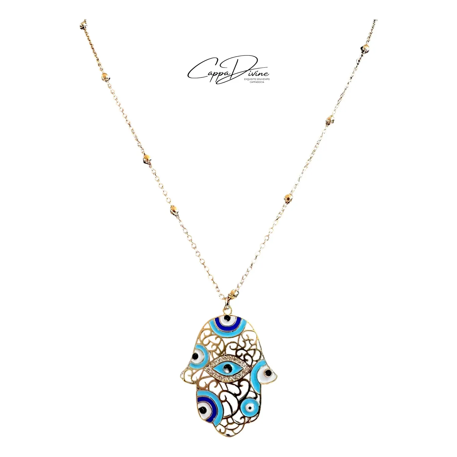 Golden Steel Necklace – Hand of Fatima with Evil Eye Design