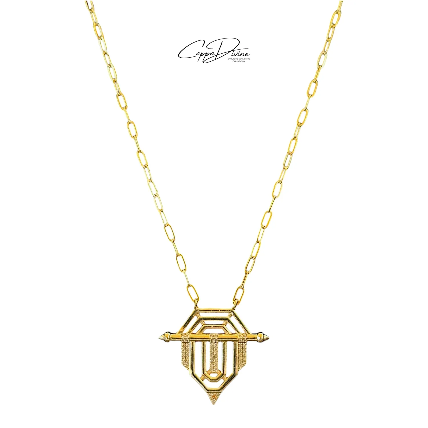 Golden Steel Necklace – Knight Doublet Design with Crystal Engravings