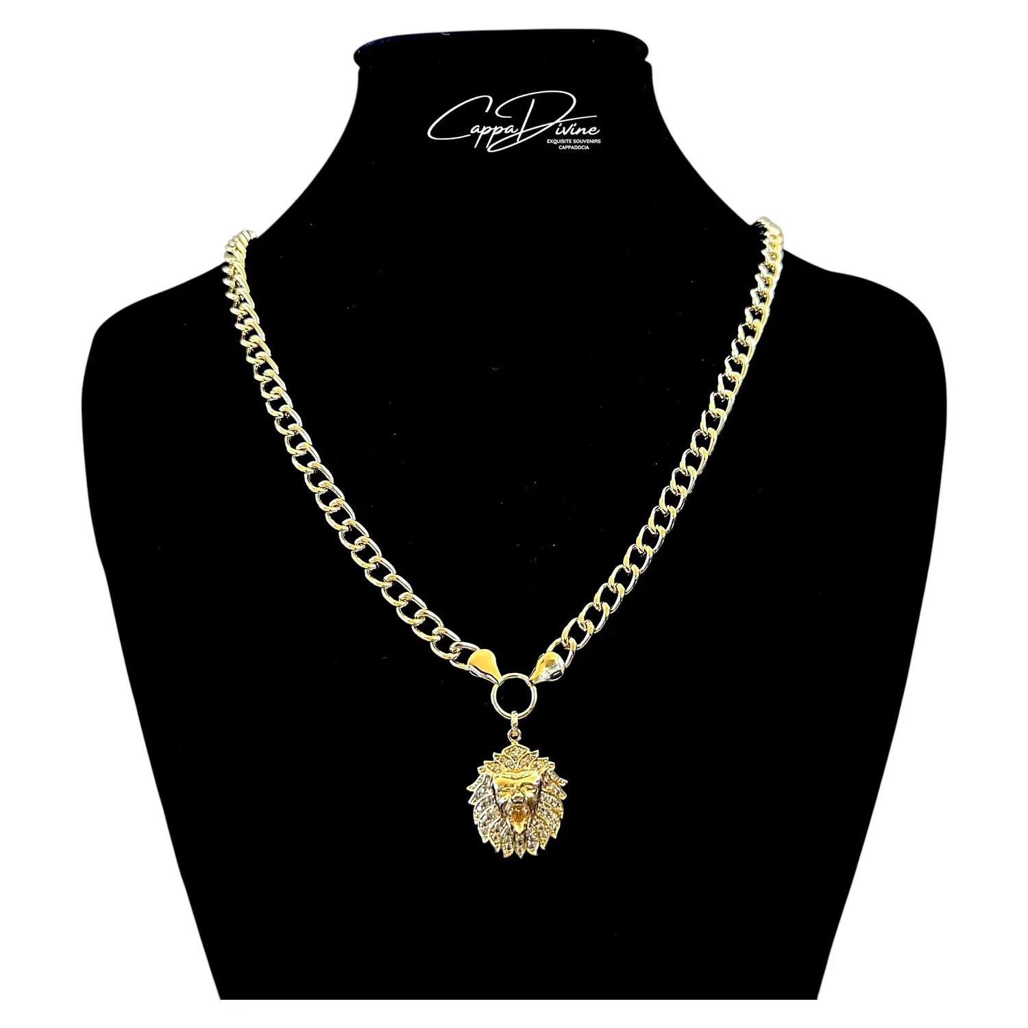 Golden Steel Necklace – Lion Head Design with Crystal Engravings