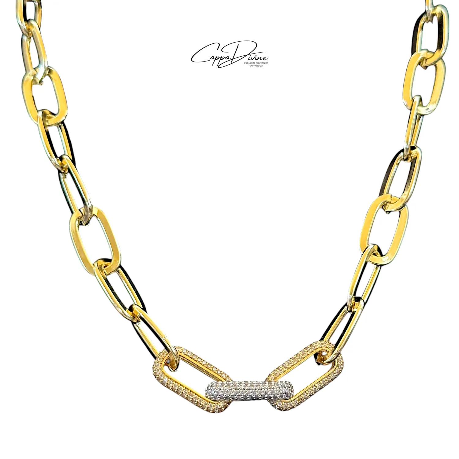 Golden Steel Necklace – Paperclip Design with Crystal Engravings