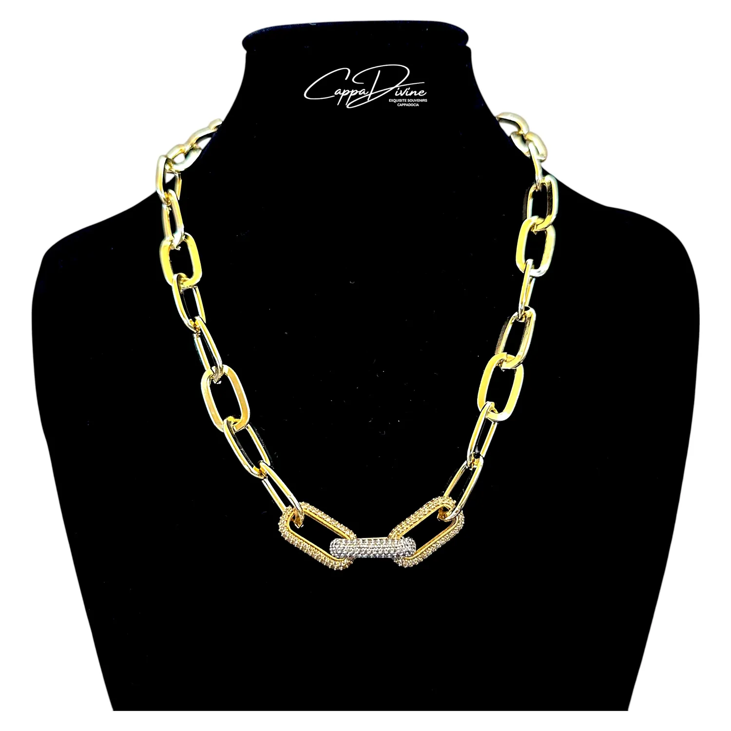 Golden Steel Necklace – Paperclip Design with Crystal Engravings