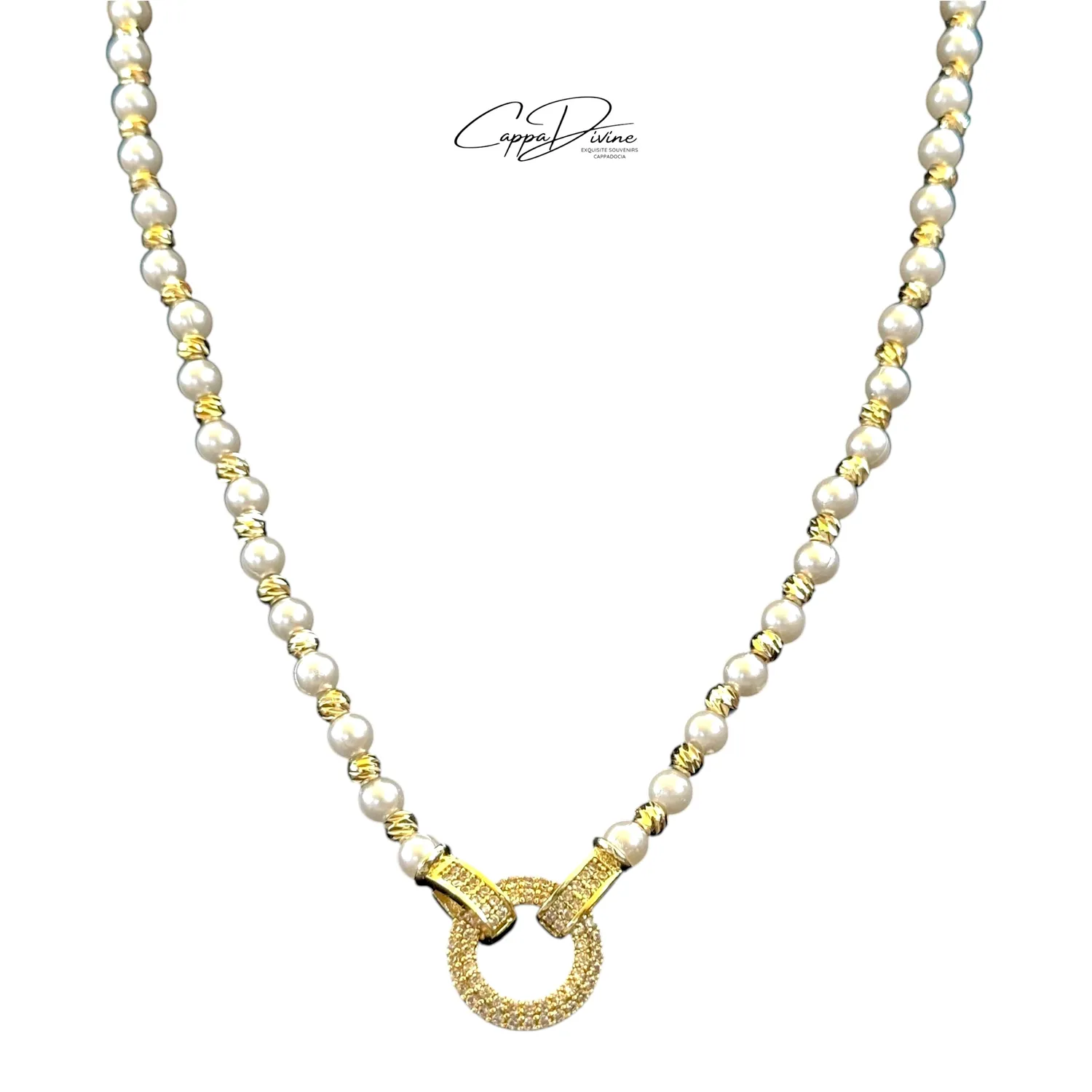 Pearl Bead Necklace with Crystal Engravings