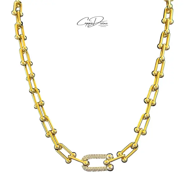 Golden Steel Necklace – Link Design with Crystal Engravings