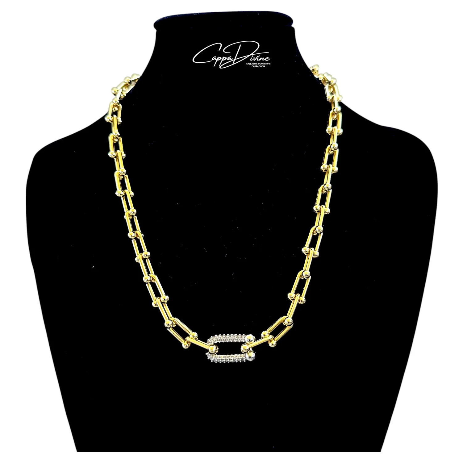 Golden Steel Necklace – Link Design with Crystal Engravings