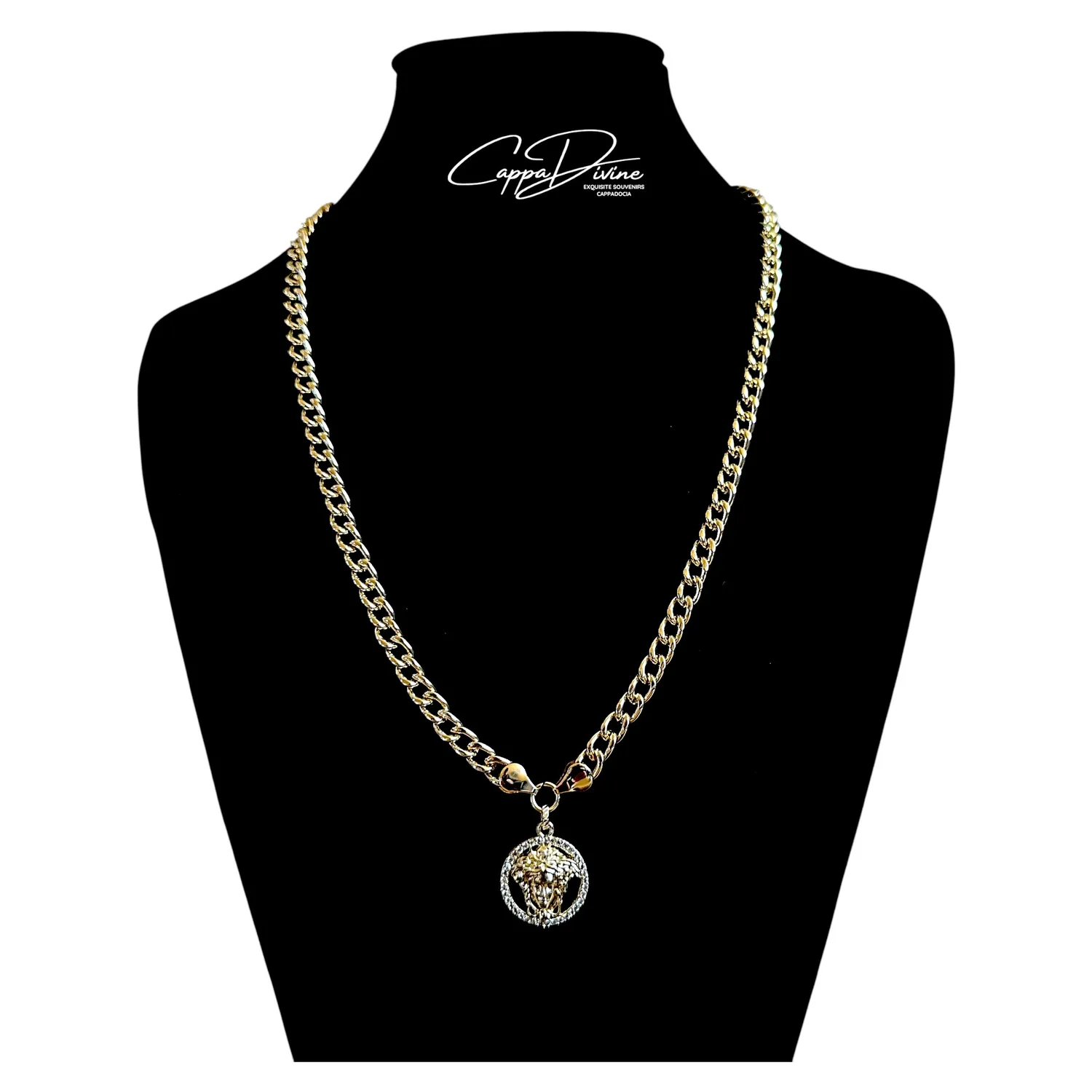 Golden Steel Necklace – Medusa With Crystal Engravings