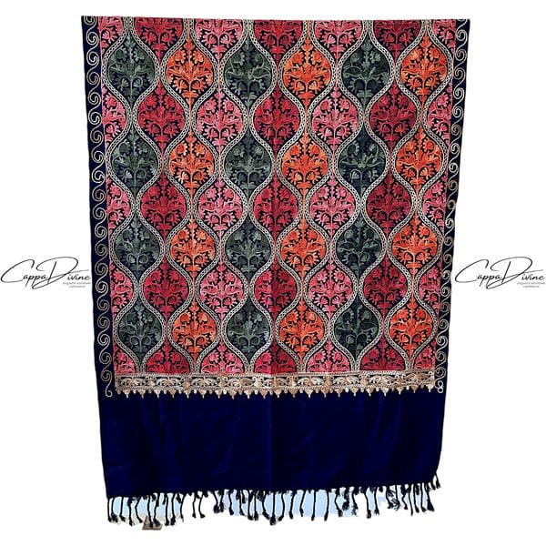 Turkish Cashmere Scarf with Suzani Embroidery of Damask Pattern