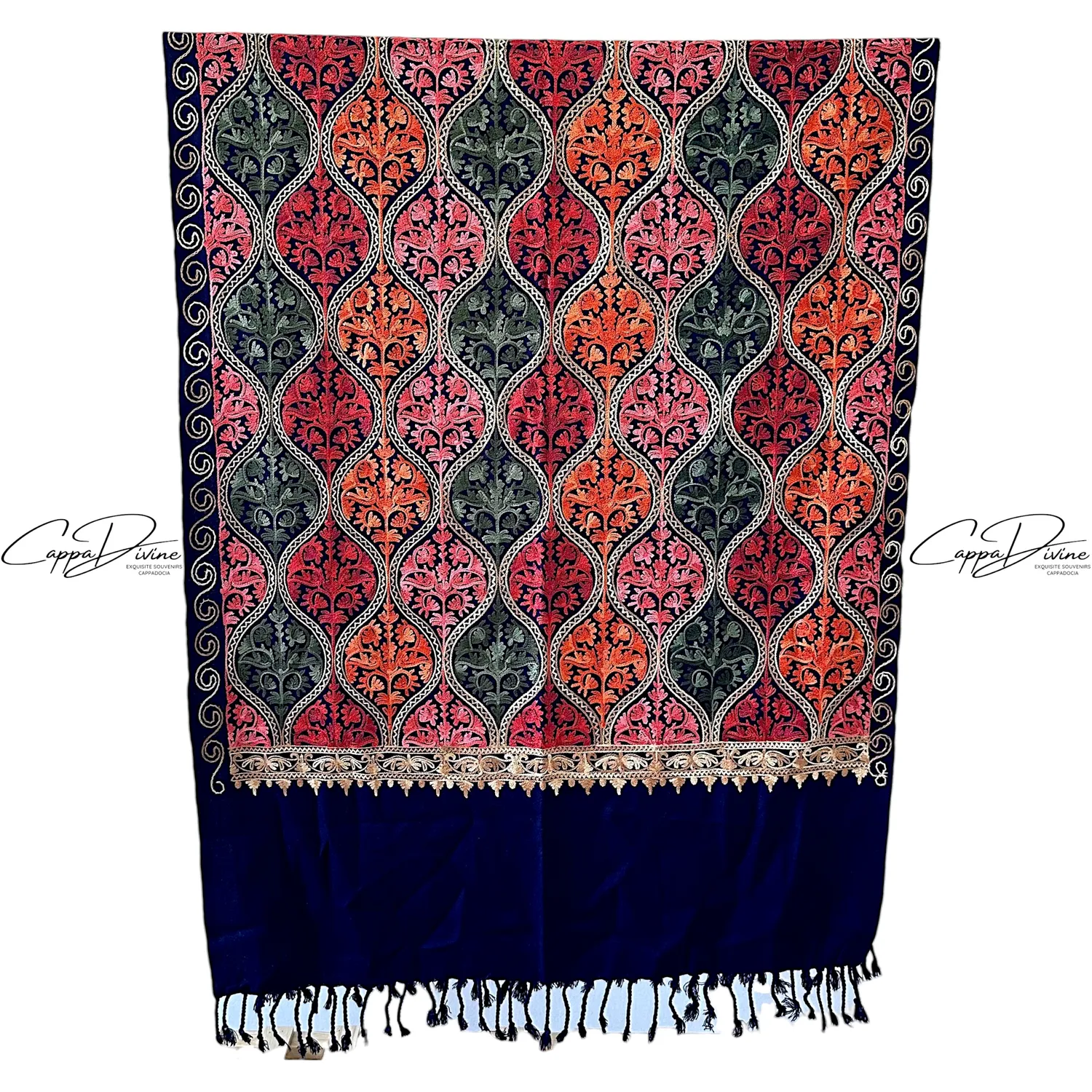 Turkish Cashmere Scarf with Suzani Embroidery of Damask Pattern