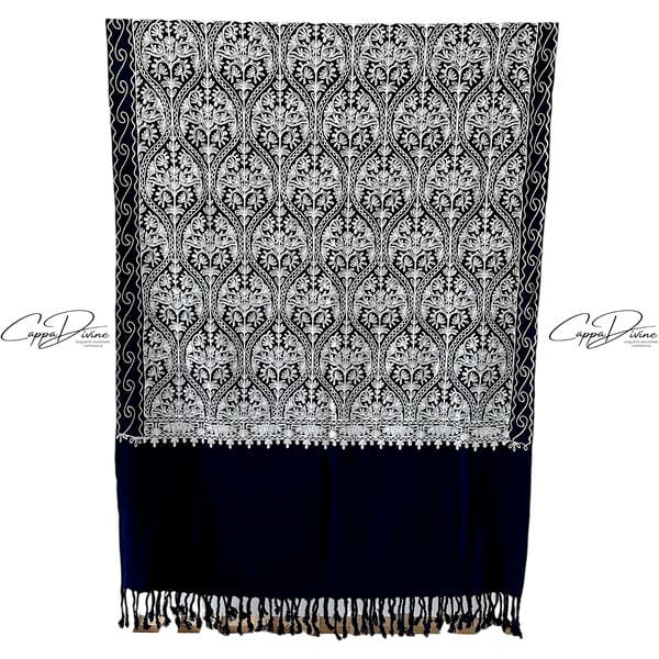 Turkish Cashmere Scarf with Suzani Embroidery of Damask Pattern