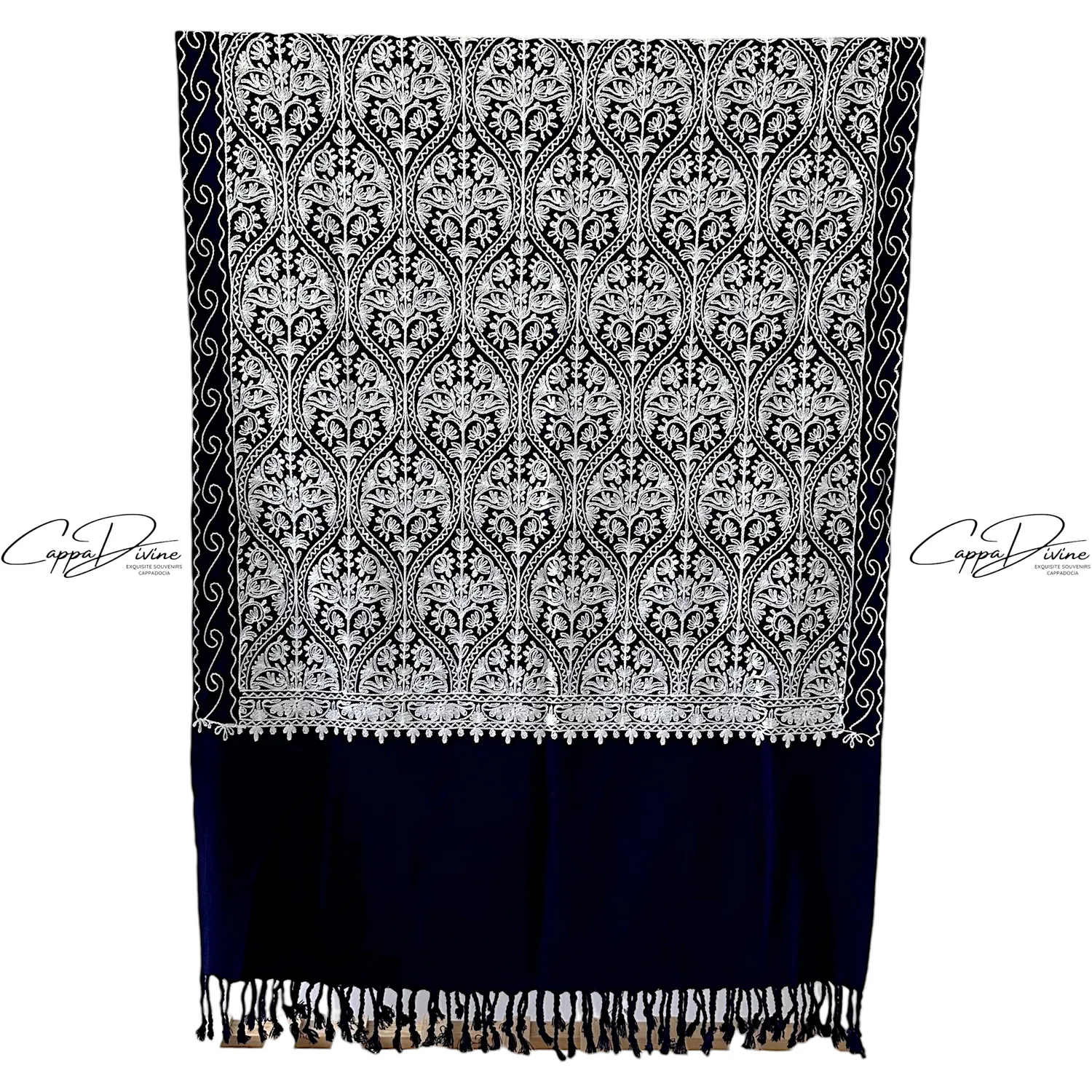 Turkish Cashmere Scarf with Suzani Embroidery of Damask Pattern