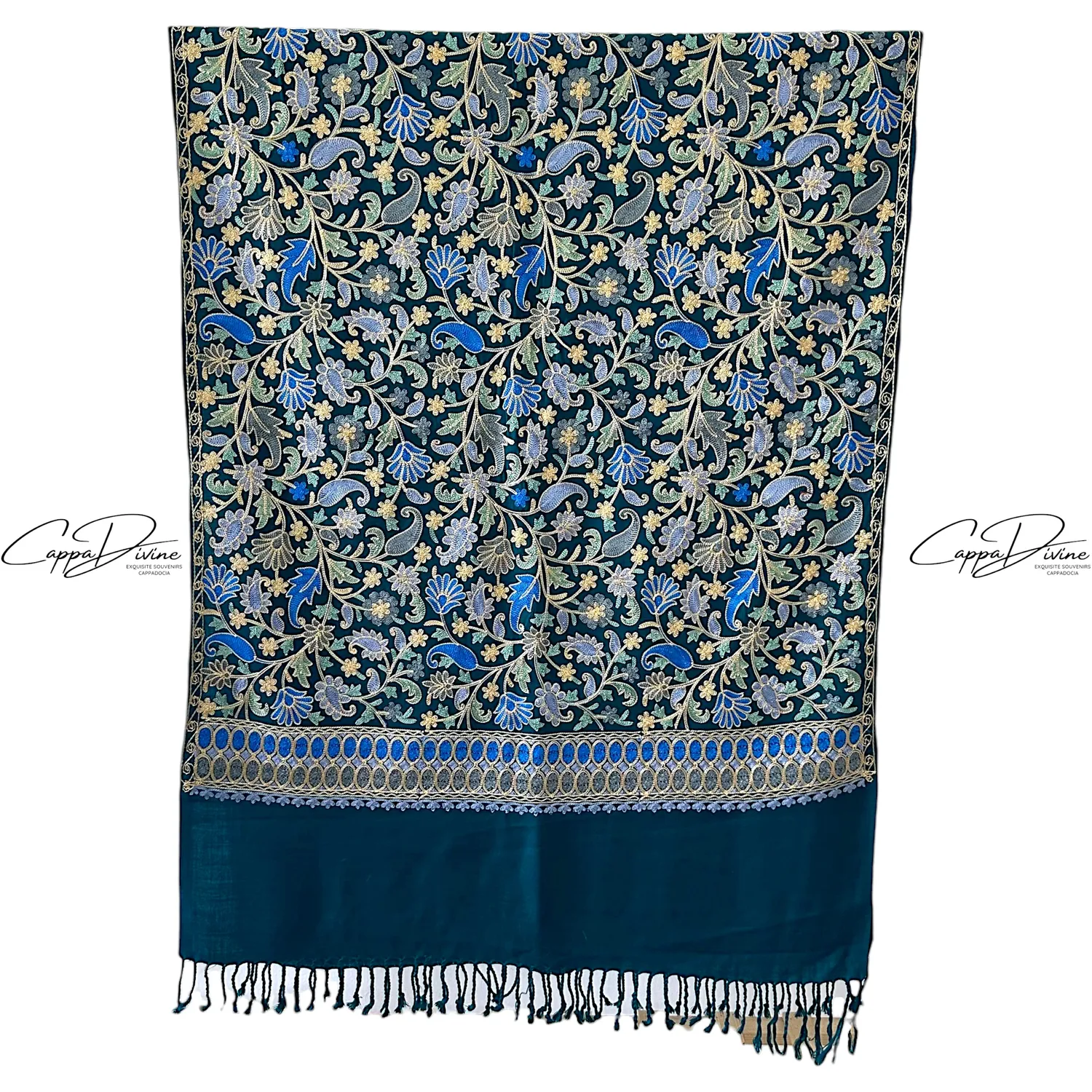 Turkish Cashmere Scarf with Suzani Embroidery of Paisley Pattern