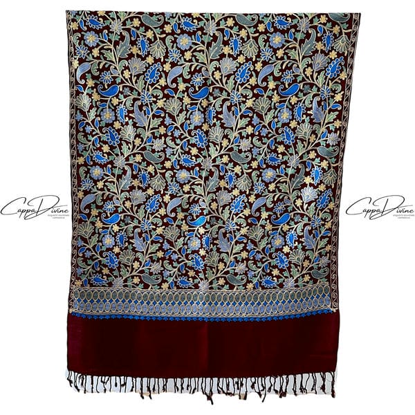 Turkish Cashmere Scarf with Suzani Embroidery of Paisley Pattern