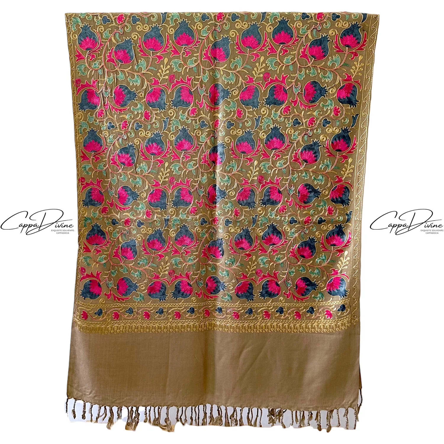 Turkish Cashmere Scarf with Suzani Embroidery of Pomegranate Pattern