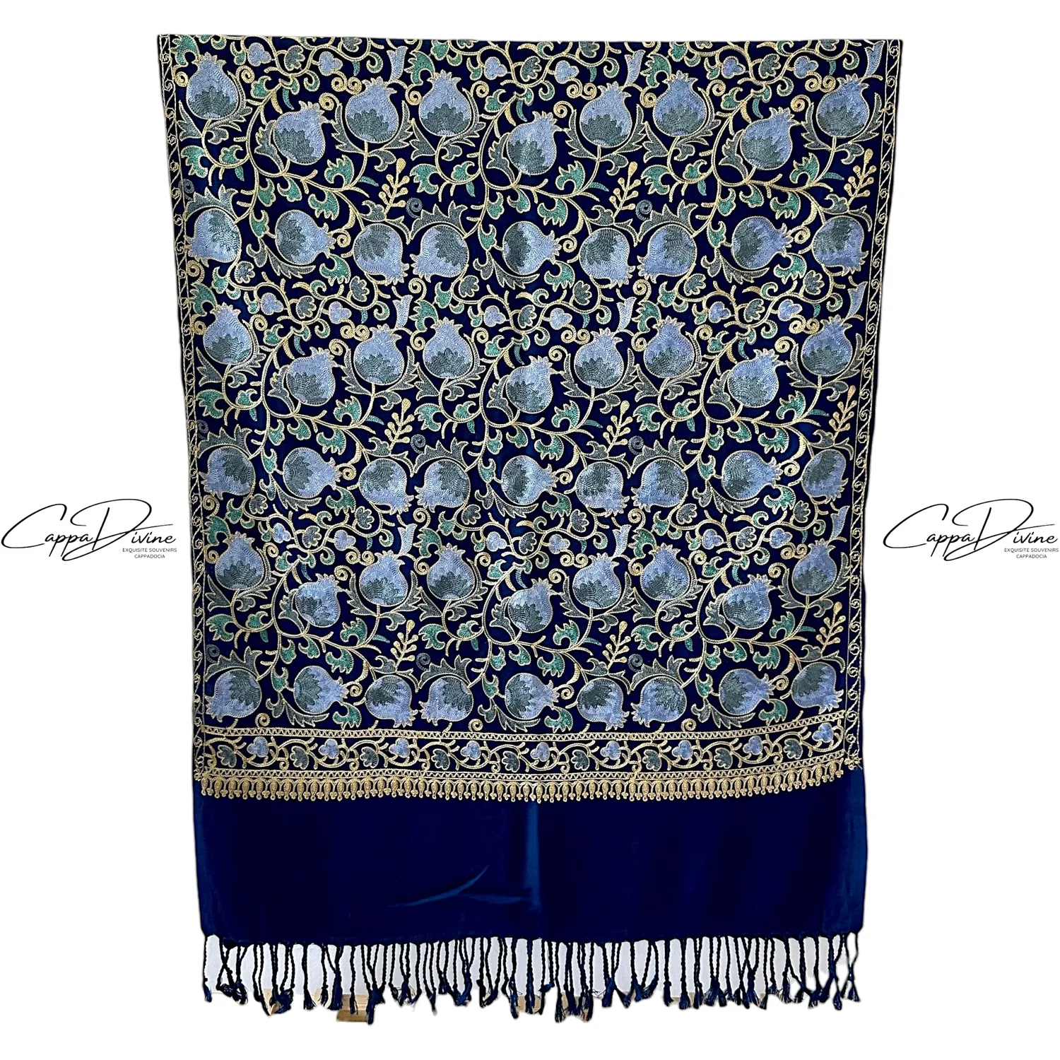 Turkish Cashmere Scarf with Suzani Embroidery of Pomegranate Pattern