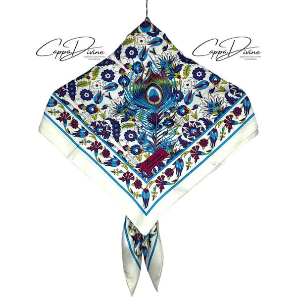 Silk Scarf - Square & Peacock Feather Pattern